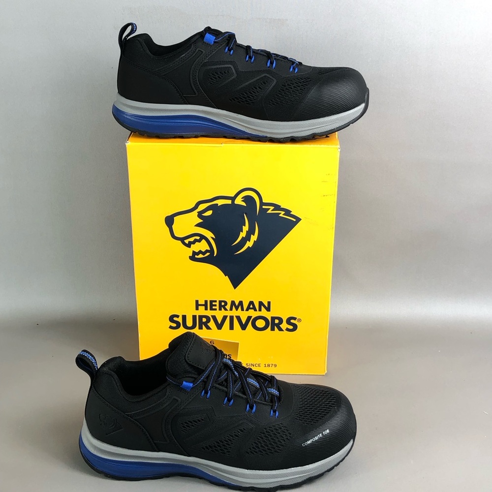 Herman Survivors Black Athletic Composite Toe Work Sneakers with Blue Accents